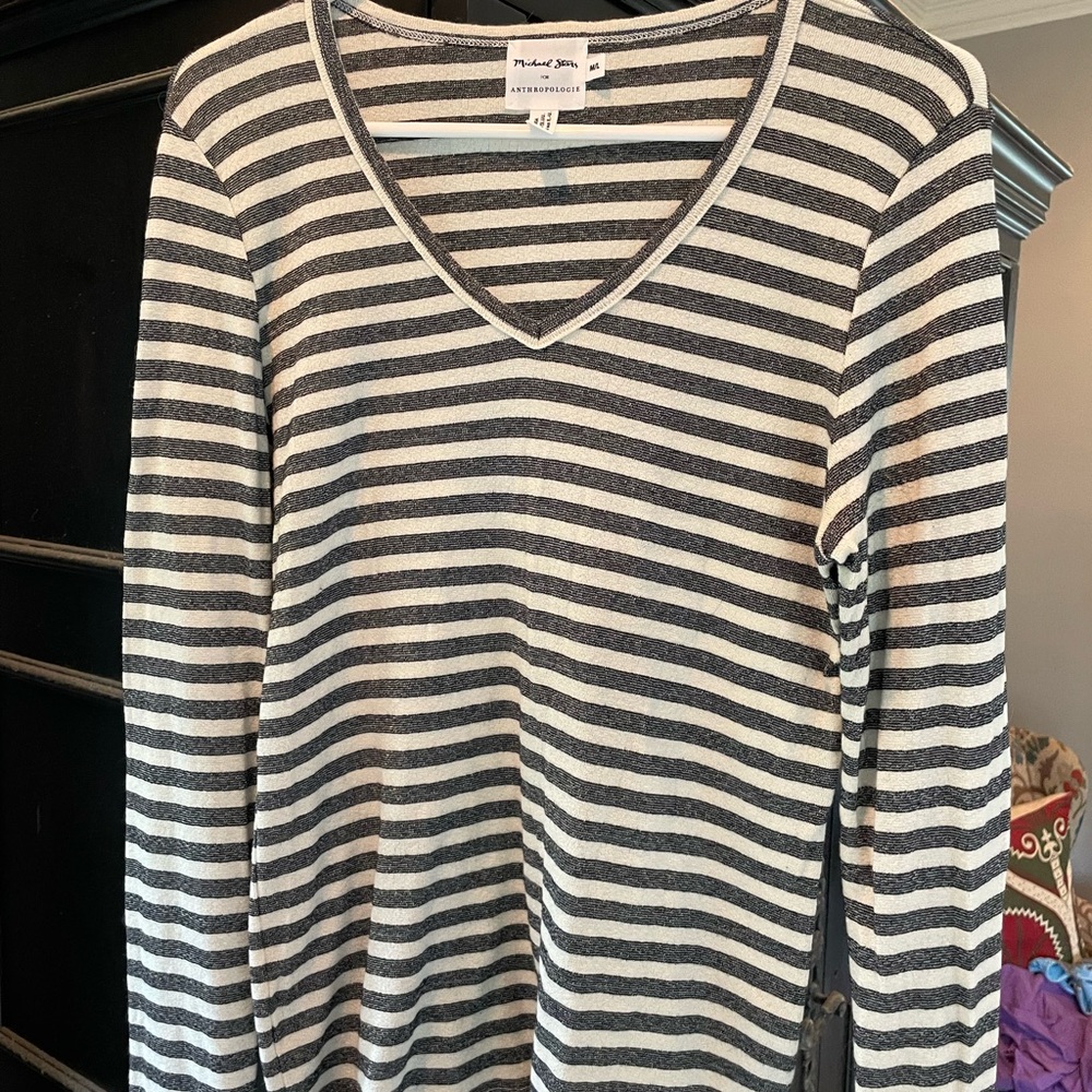 Michael Stars Black and White Striped V-Neck Sweater